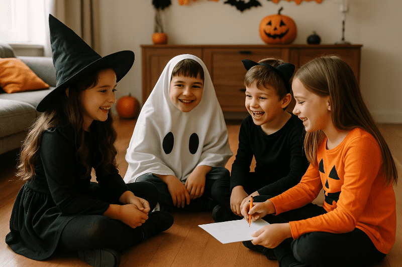 Děti hrají halloweenský kvíz