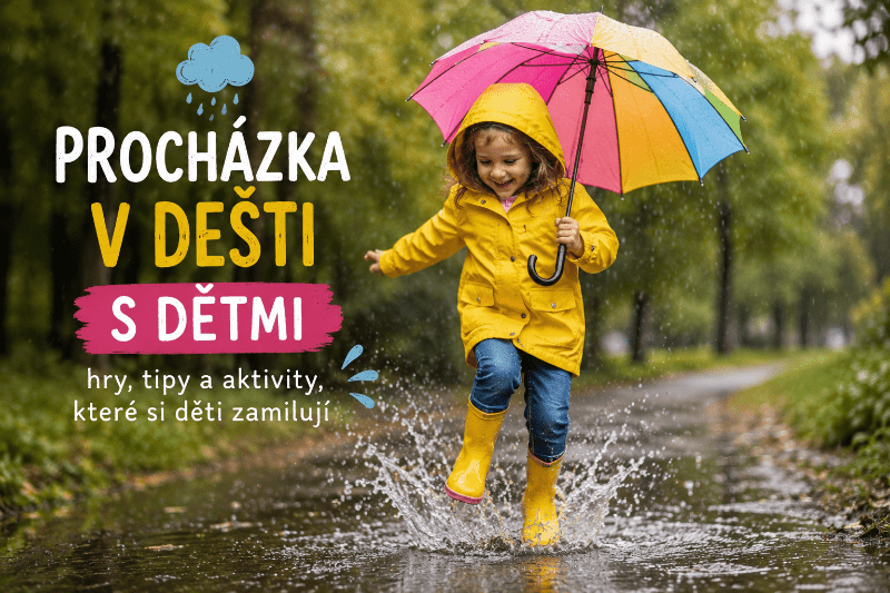 Dítě v pláštěnce skáče do kaluže při hrách a aktivitách v dešti.
