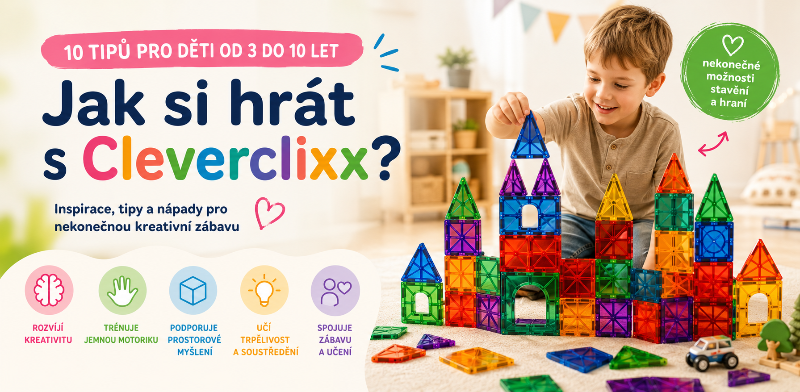 Dítě staví barevný hrad z magnetické stavebnice Cleverclixx