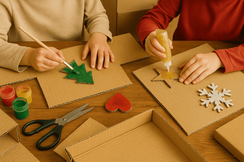 Vystřižené kartonové ozdoby ve tvaru hvězdy a stromku, pomalované a zdobené glitry.