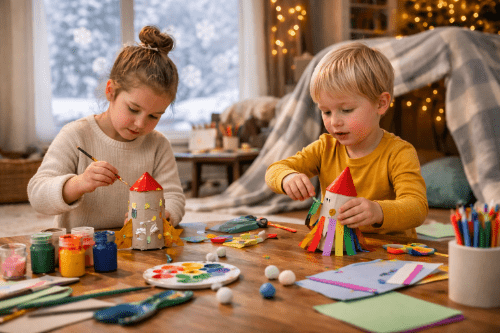 Děti tvoří doma u stolu, malují a vyrábějí z papíru během zimního odpoledne