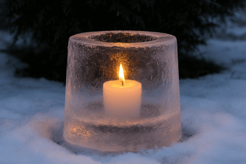 Ledová lucerna se svíčkou jako zimní dekorace na zahradě.