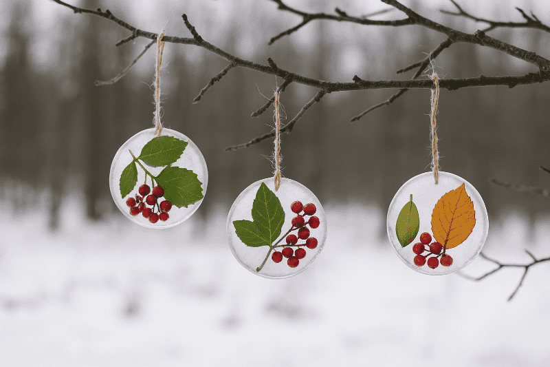 Ledové ozdoby s listy a bobulemi visící na větvích stromu v zimní krajině.