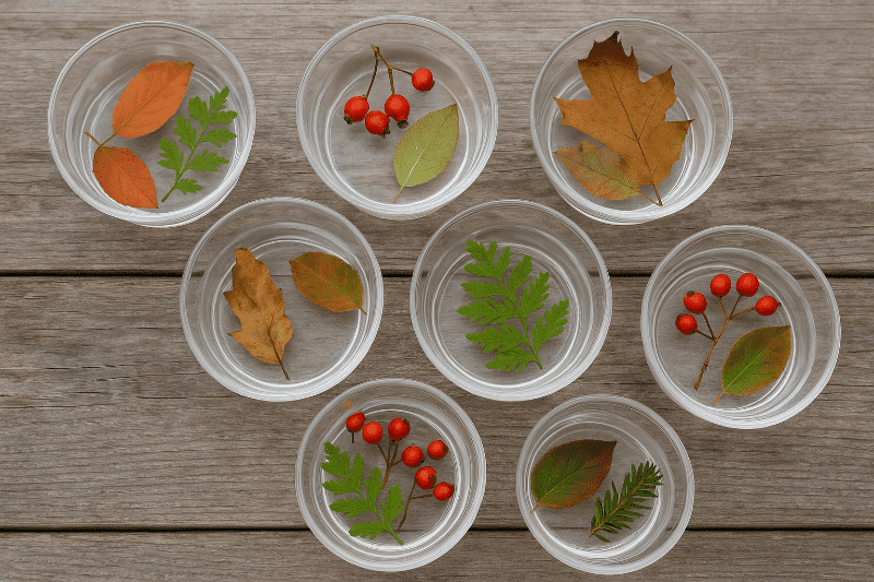 Přírodní materiály v miskách s vodou připravené ke zmrazení na ledové ozdoby.