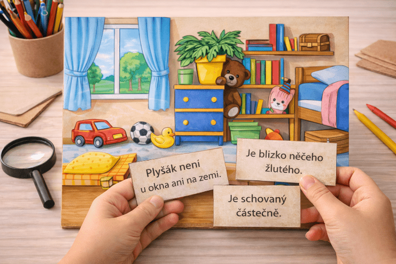 Logická detektivní hra pro děti – hledání ztraceného plyšáka podle nápověd