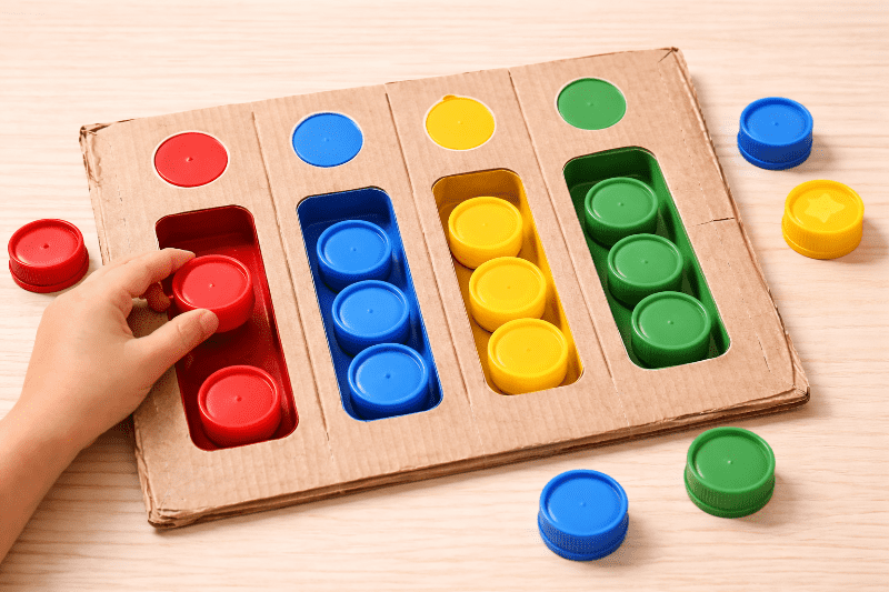 Domácí logická hra z víček – třídění barev a rozvoj jemné motoriky u dětí