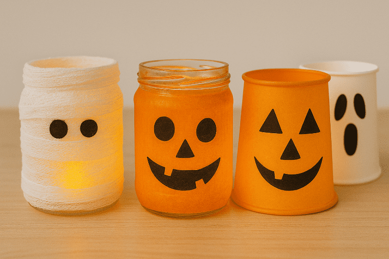 Domácí halloweenská lucernička z plastového kelímku s LED svíčkou