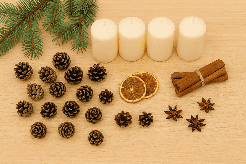 Materiál na adventní svícen – šišky, jehličí, svíčky, pomeranče a skořice.