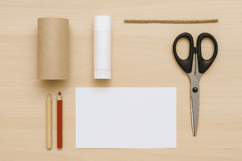 Pomůcky na výrobu andílka – rulička, papír, lepidlo, nůžky a pastelky