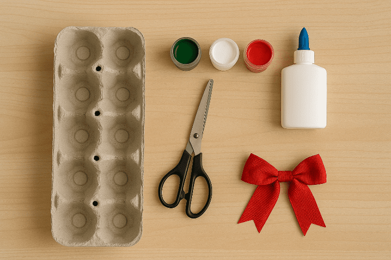 Obaly od vajíček, nůžky, barvy a lepidlo připravené na výrobu vánočního věnce