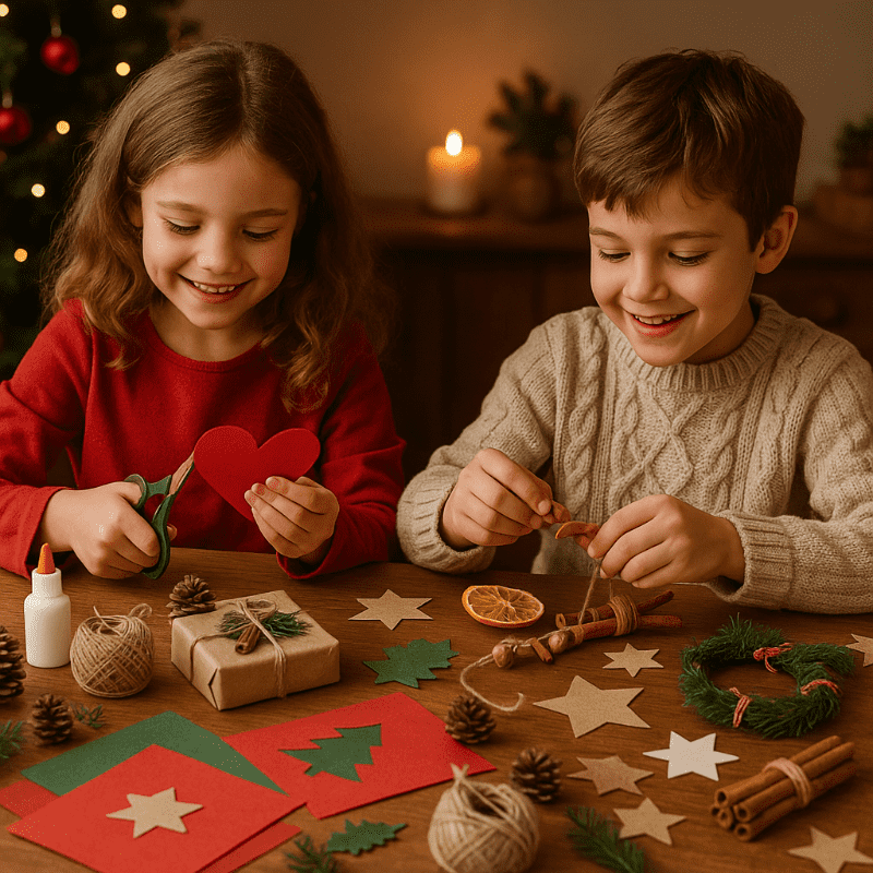 Děti vyrábějí originální vánoční dárky z papíru a přírodních materiálů.