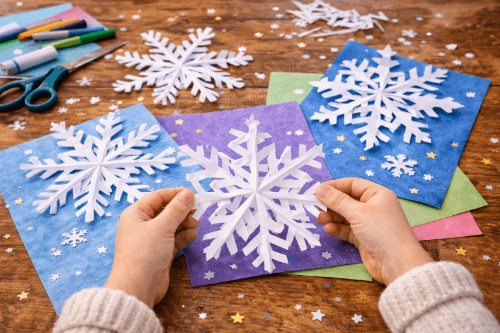 Papírové sněhové vločky vystřihované dětmi jako zimní tvoření doma
