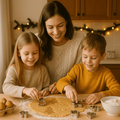Rodič s dětmi pečou perníčky v kuchyni