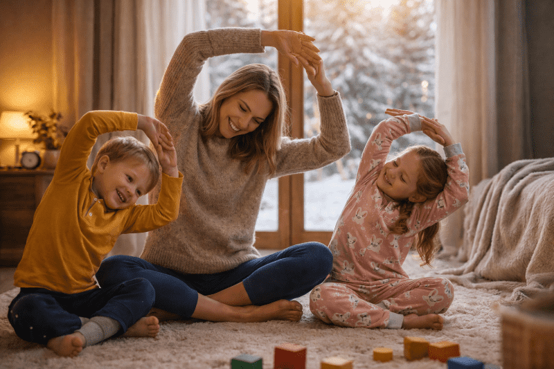 Ranní pohyb dětí doma v zimě, společné protažení jako součást zdravého denního režimu.