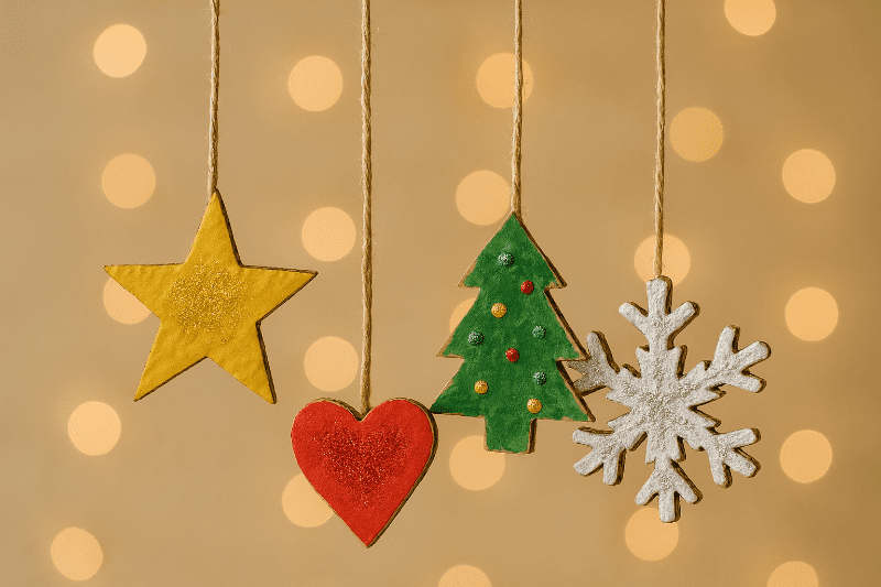 Rodina vyrábí vánoční ozdoby z recyklovaných krabic a barevného papíru.