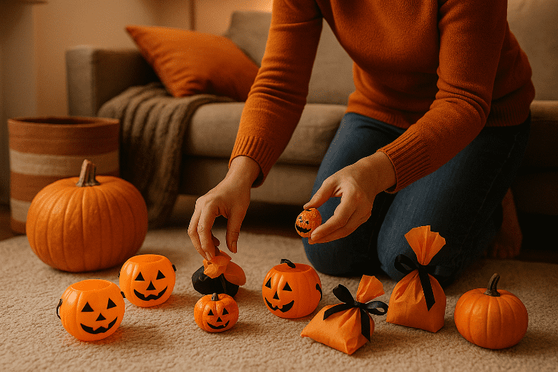 Rodič schovává malé dárky a sladkosti do halloweenských dýní a taštiček v teplé domácí atmosféře.