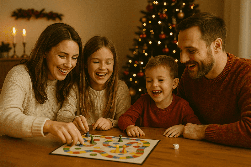Rodina tráví společné vánoční chvíle hraním deskových her.