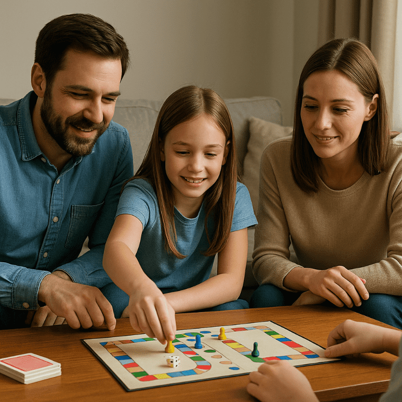 Rodina si užívá zimní den doma při hrách a tvoření