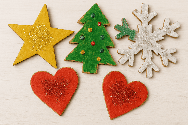 Ručně vyrobené vánoční ozdoby z kartonu zavěšené na vánočním stromku.