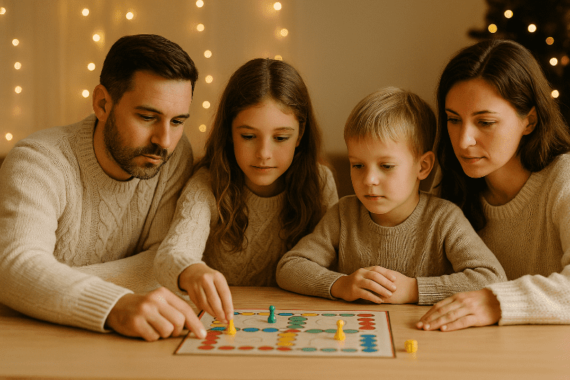 Děti a rodiče si společně hrají deskovou hru během Vánoc