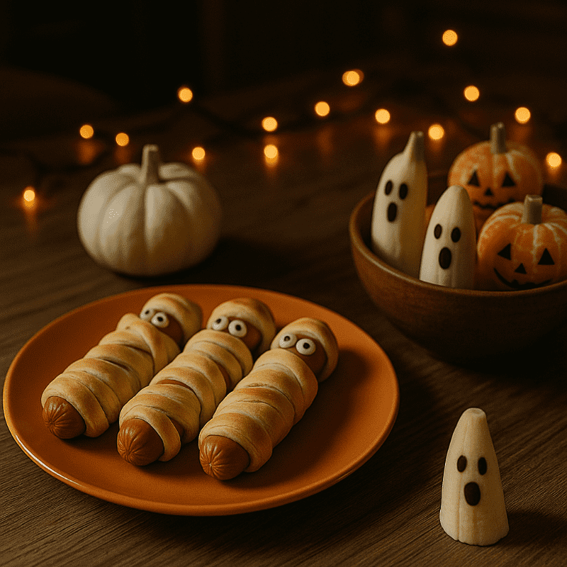 Halloweenské jídlo na stole – párky mumie, banánoví duchové a dýňová výzdoba při teplém světle.