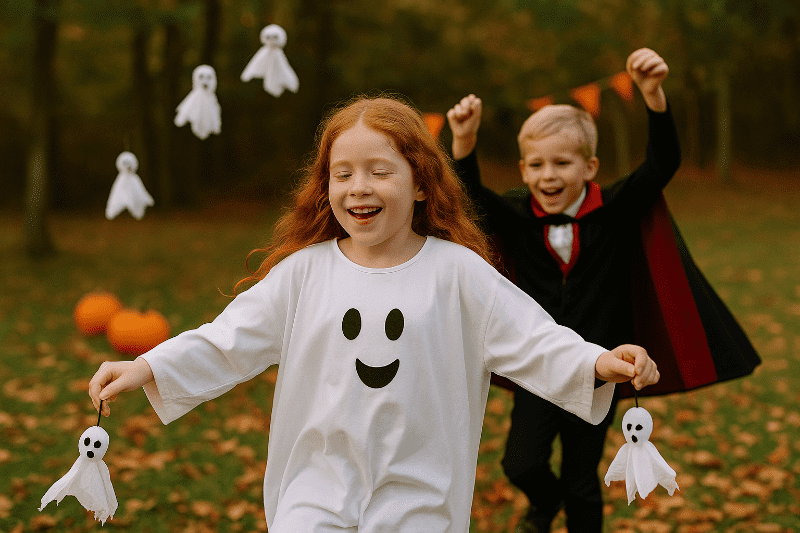 Děti tancují s papírovými duchy na provázku při halloweenské párty.