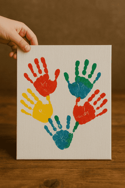 Barevné otisky dětských rukou tvoří srdce jako dárek pro kamarády.