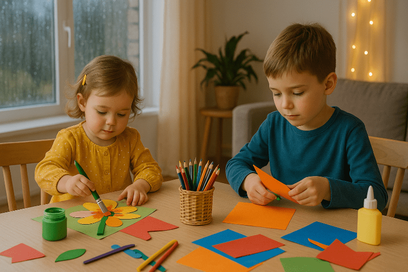 Děti tvoří z barevných papírů a malují u stolu – kreativní zábava doma při deštivém počasí, nápady z kidsparadise.cz