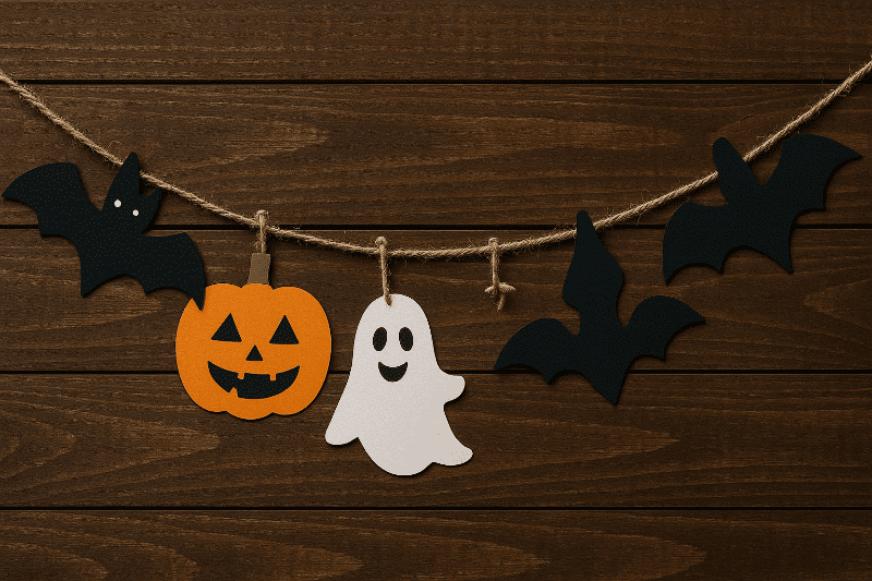 Děti vyrábějí halloweenskou girlandu z barevného papíru a provázku