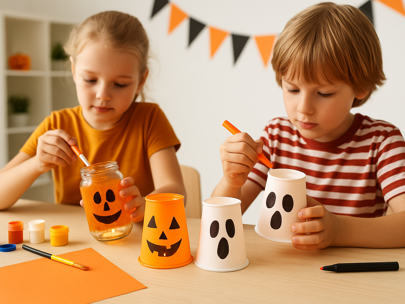Pomůcky na výrobu halloweenských lucerniček – kelímky, barvy a LED svíčky