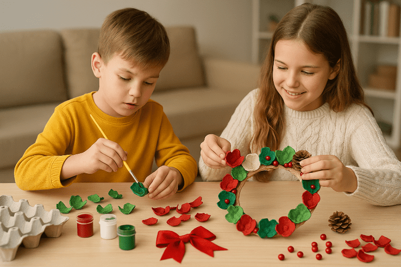 Děti vyrábějí vánoční věnec z obalů od vajíček při tvoření doma