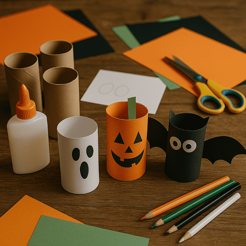 Papírové ruličky přeměněné na halloweenské postavičky – dýně, duch a netopýr, barevné papíry a lepidlo.