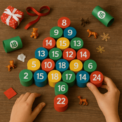 Domácí adventní kalendář z ruliček od toaletního papíru ozdobený dětmi