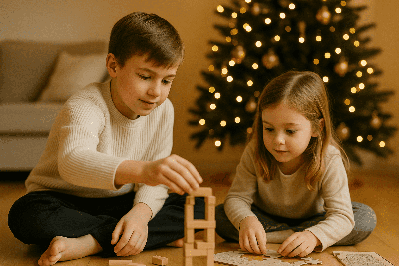 Děti staví stavebnici u krbu, rodiče se usmívají, bez televize a mobilů