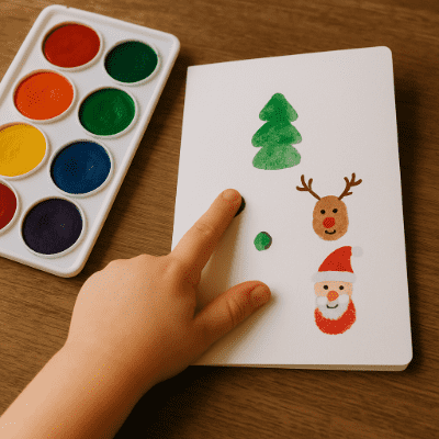 Vánoční přání pro děti s otisky prstů a barevnými motivy sobů a sněhuláků