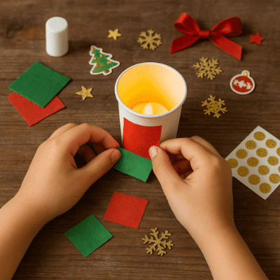 Děti vyrábějí vánoční svícny z kelímků a ubrousků s LED svíčkou