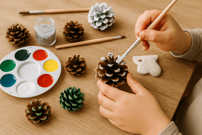 Děti malují šišky akrylovými barvami jako vánoční ozdoby