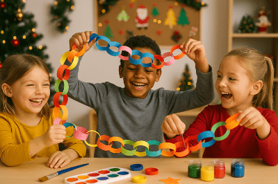 Děti tvoří vánoční papírové řetězy z barevných proužků