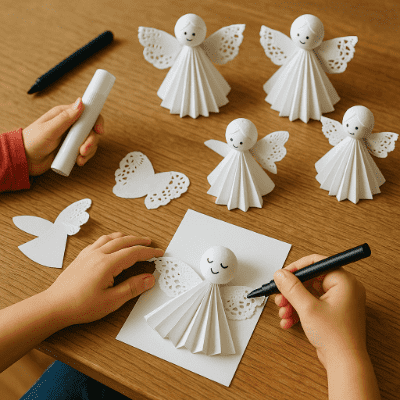 Papíroví andílci vyrobení dětmi jako vánoční dekorace