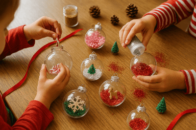 Vánoční koule plněné třpytkami a mini dekoracemi vyráběné dětmi