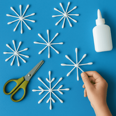 Vánoční vločky vyrobené z vatových tyčinek a lepidla – jednoduché tvoření pro děti