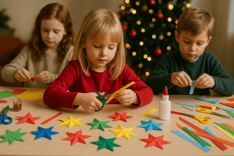 Děti vyrábějí barevné papírové hvězdy jako vánoční ozdoby
