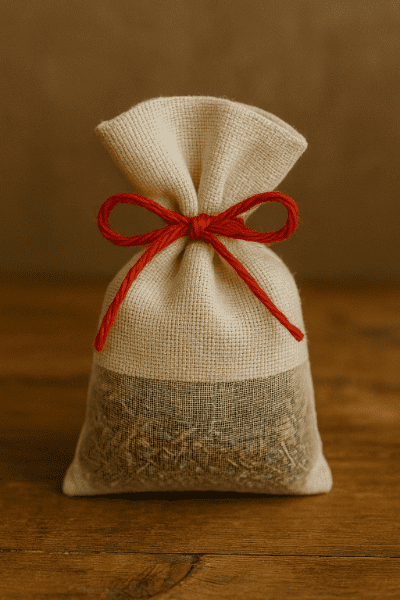 Domácí vánoční dárek – látkový pytlíček plněný levandulí a bylinkami.