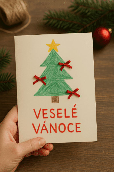 Ručně vyrobené vánoční přání od dětí s kresbou a mašličkami.