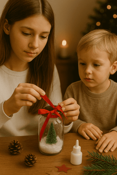 Dětské vánoční tvoření – svícen z recyklované sklenice ozdobený třpytkami.