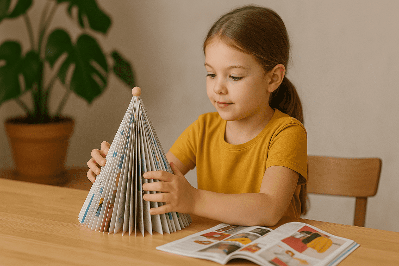 Děti vyrábějí papírový vánoční stromeček z recyklovaných materiálů