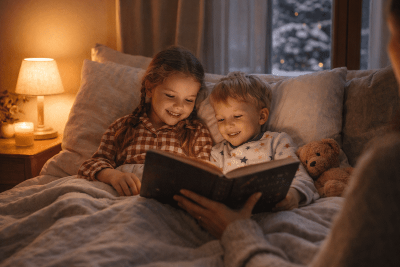 Večerní rutina dětí v zimě, čtení pohádky před spaním v klidné a teplé atmosféře.