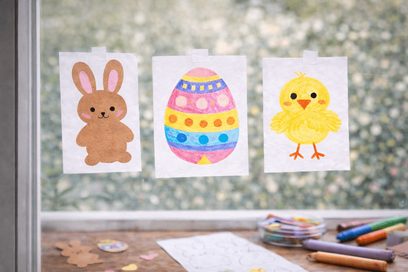 Papírové velikonoční obrázky vystřižené a připevněné na okno