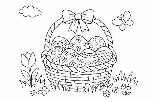Velikonoční omalovánka s košíkem plným vajíček k vybarvování