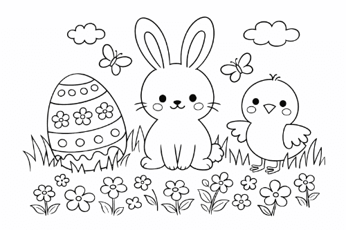 Velikonoční omalovánka se zajíčkem, kuřátkem a malovanými vajíčky